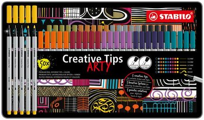 Liner, sada, kovová krabička, STABILO "Creative Tips ARTY", 10 rôznych farieb, 5 rôznych hrúbok